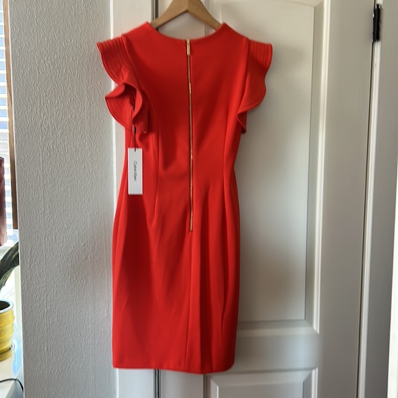 CALVIN KLEIN | Women's Ruffled-Shoulder Sheath Dress NWT 6, Bright Orange - Picture 7 of 9